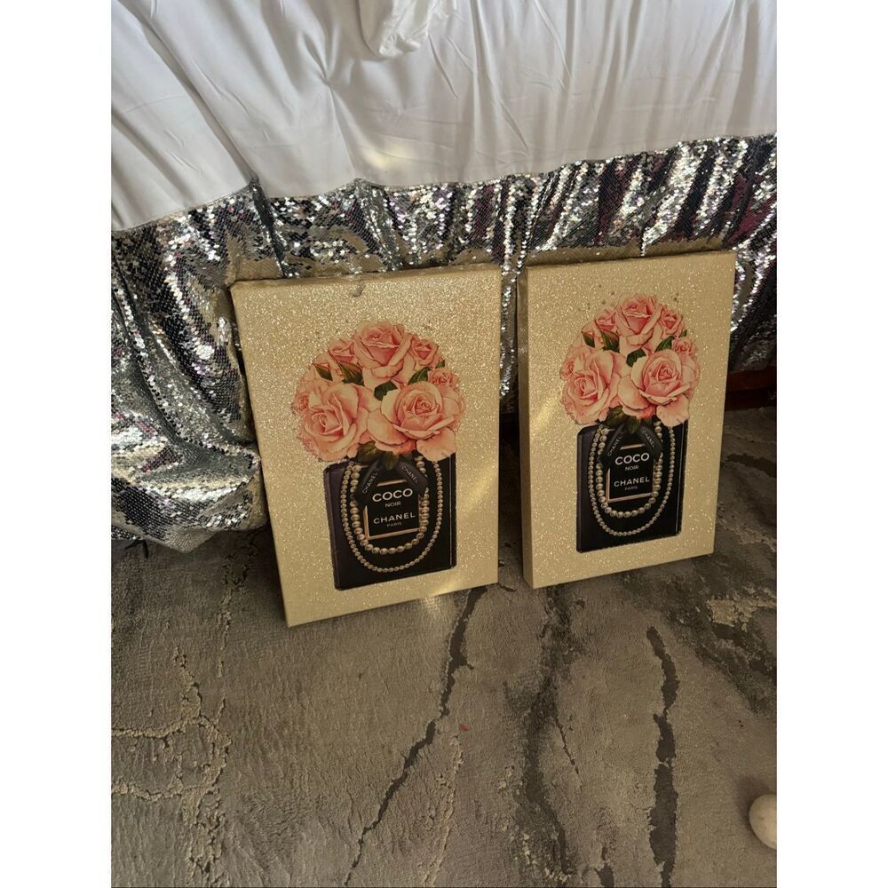 Roses pearl coco Chanel perfume bottle Hanging Wall Sign Picture Wall art canvas